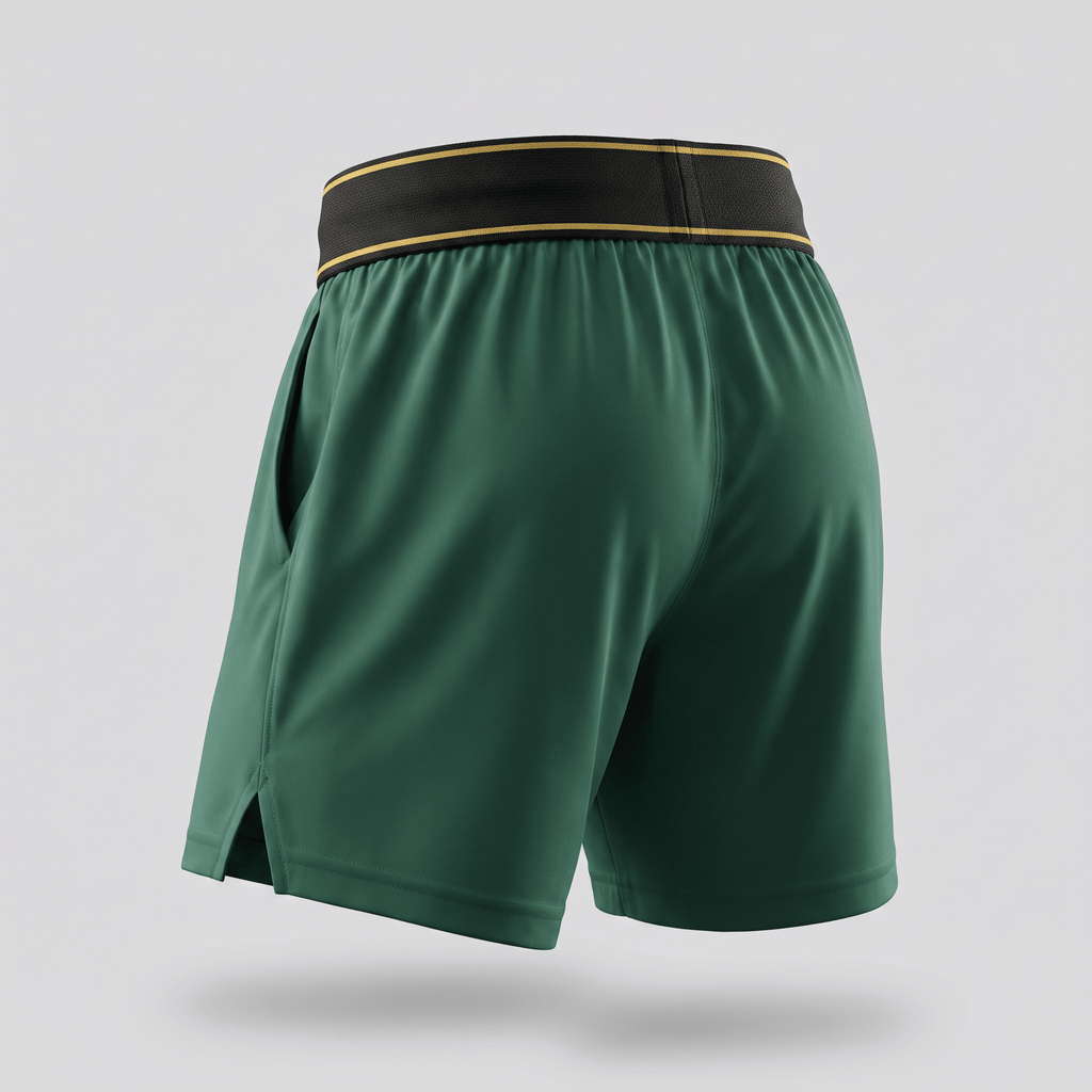 Rear view of green athletic shorts with a black and gold striped elastic waistband on a light gray background.