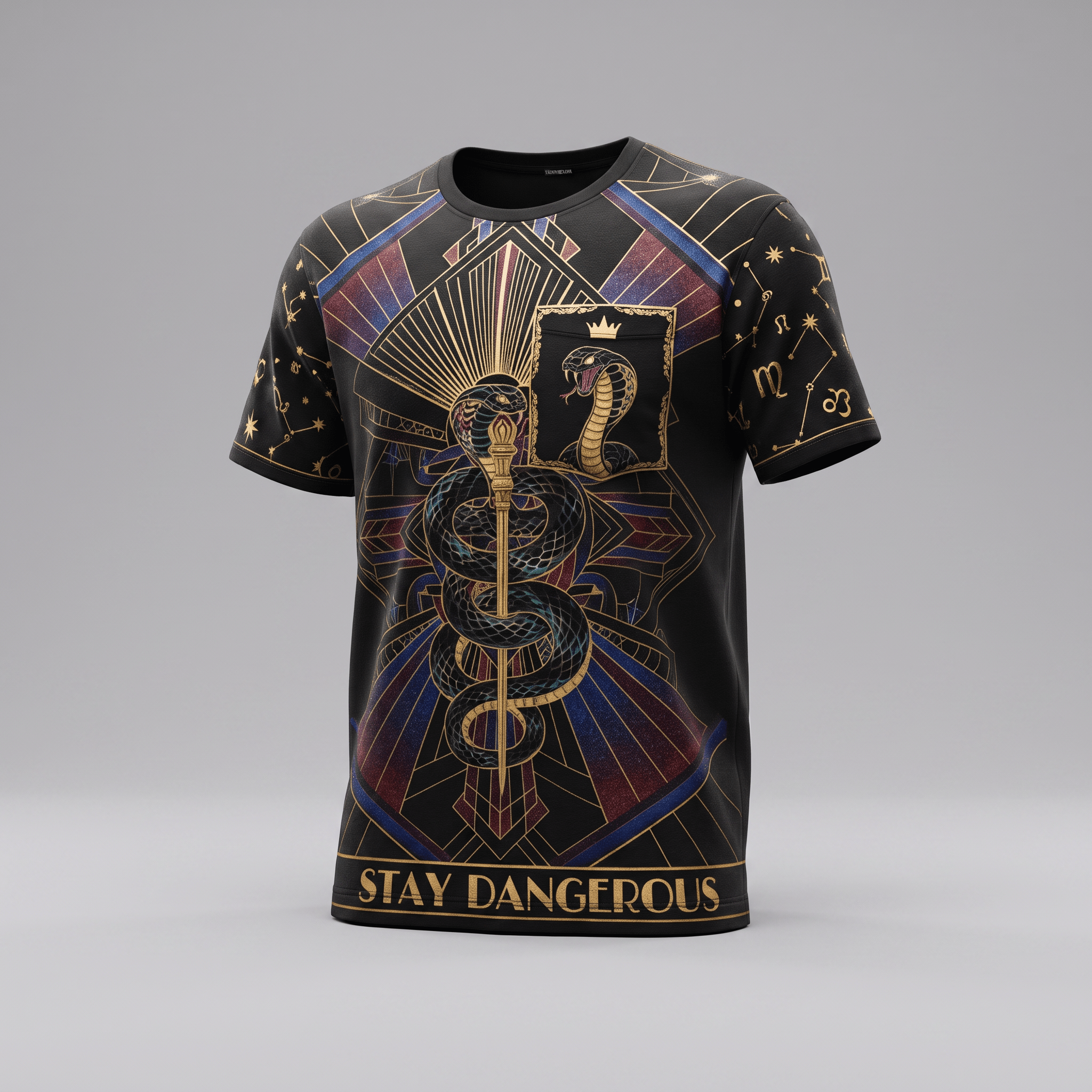 Black crewneck t-shirt with gold art nouveau snake staff graphic and Stay Dangerous text.