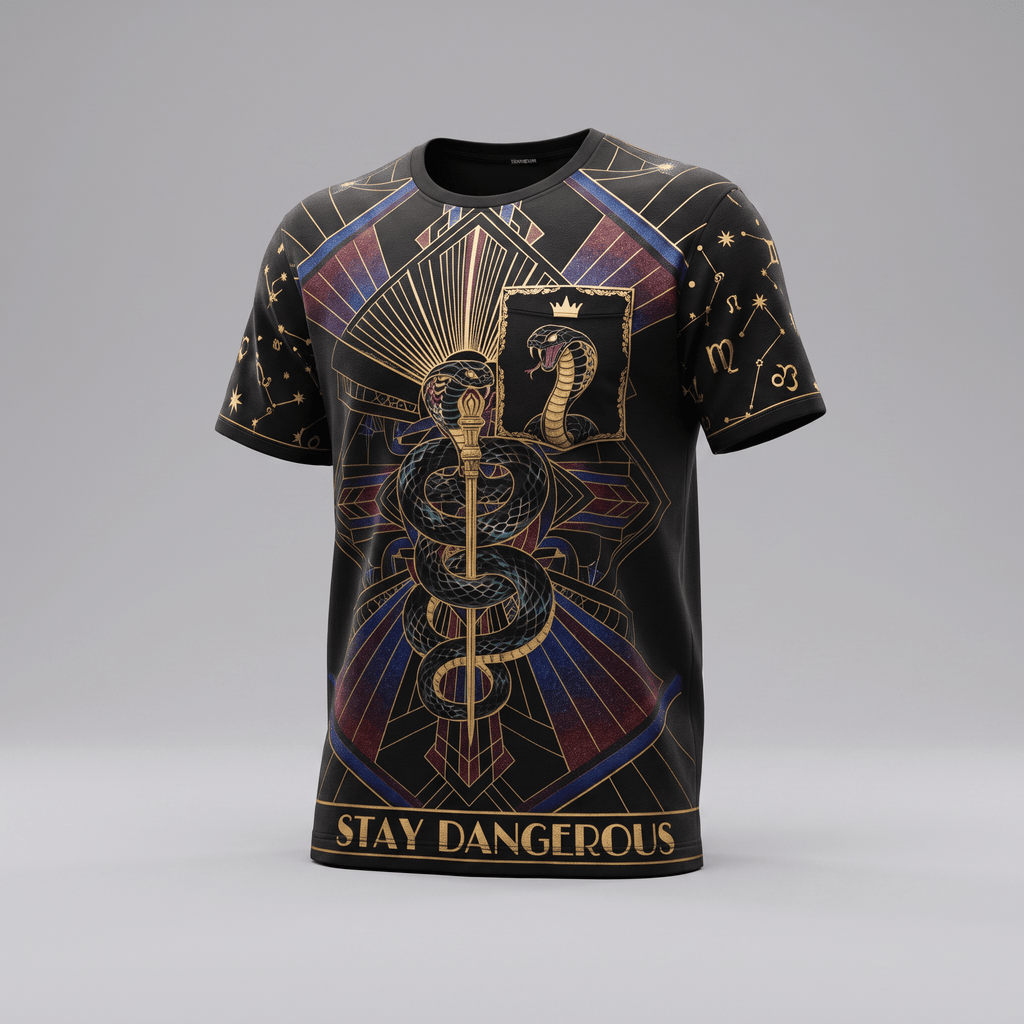 Black graphic t-shirt featuring a gold snake and staff design with Stay Dangerous text.