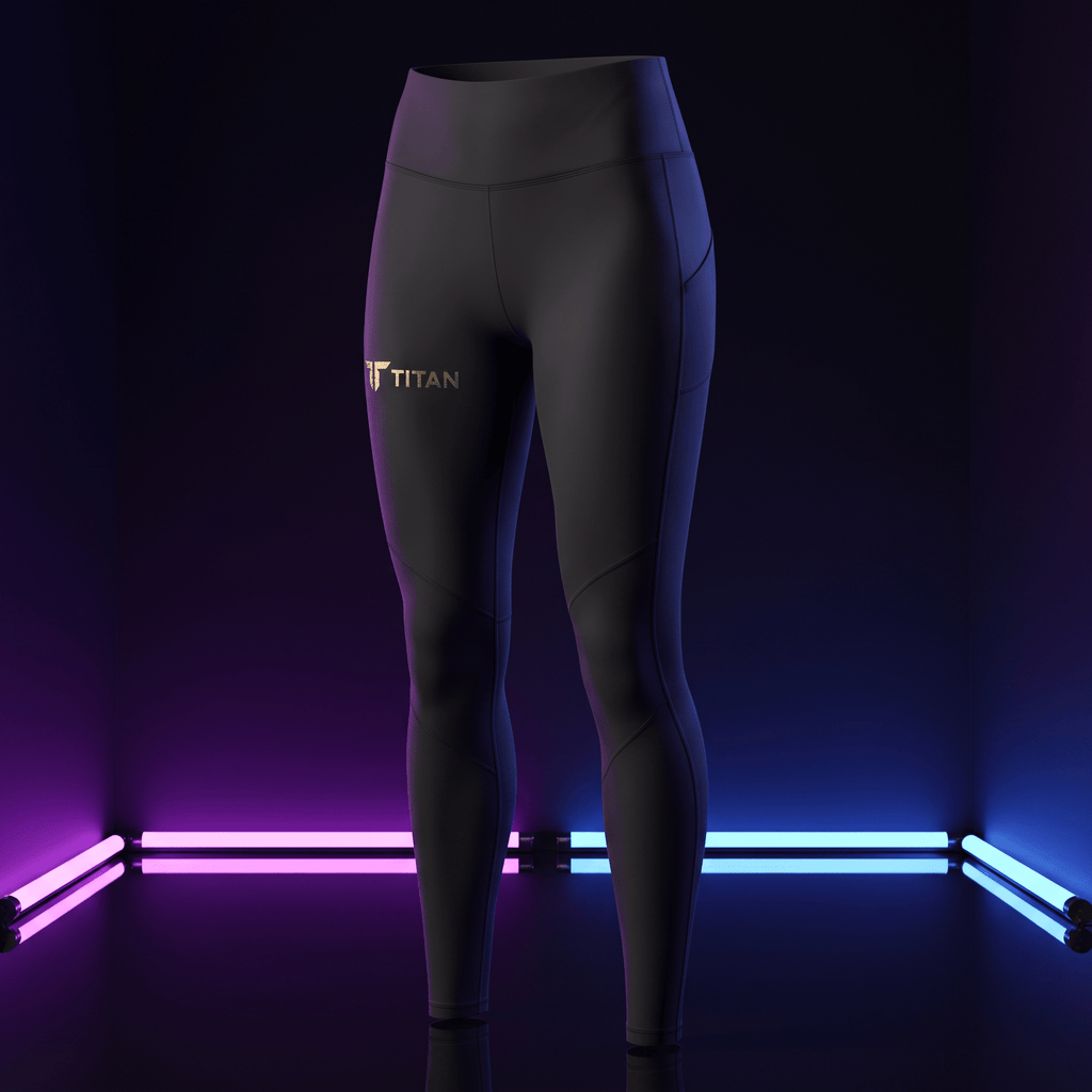 Black high-waisted athletic leggings with a gold Titan logo, side pocket, and neon pink and blue background lighting.
