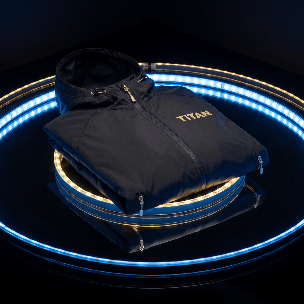 Black hooded windbreaker with "TITAN" logo in gold, displayed on a circular platform with glowing blue ring lighting.