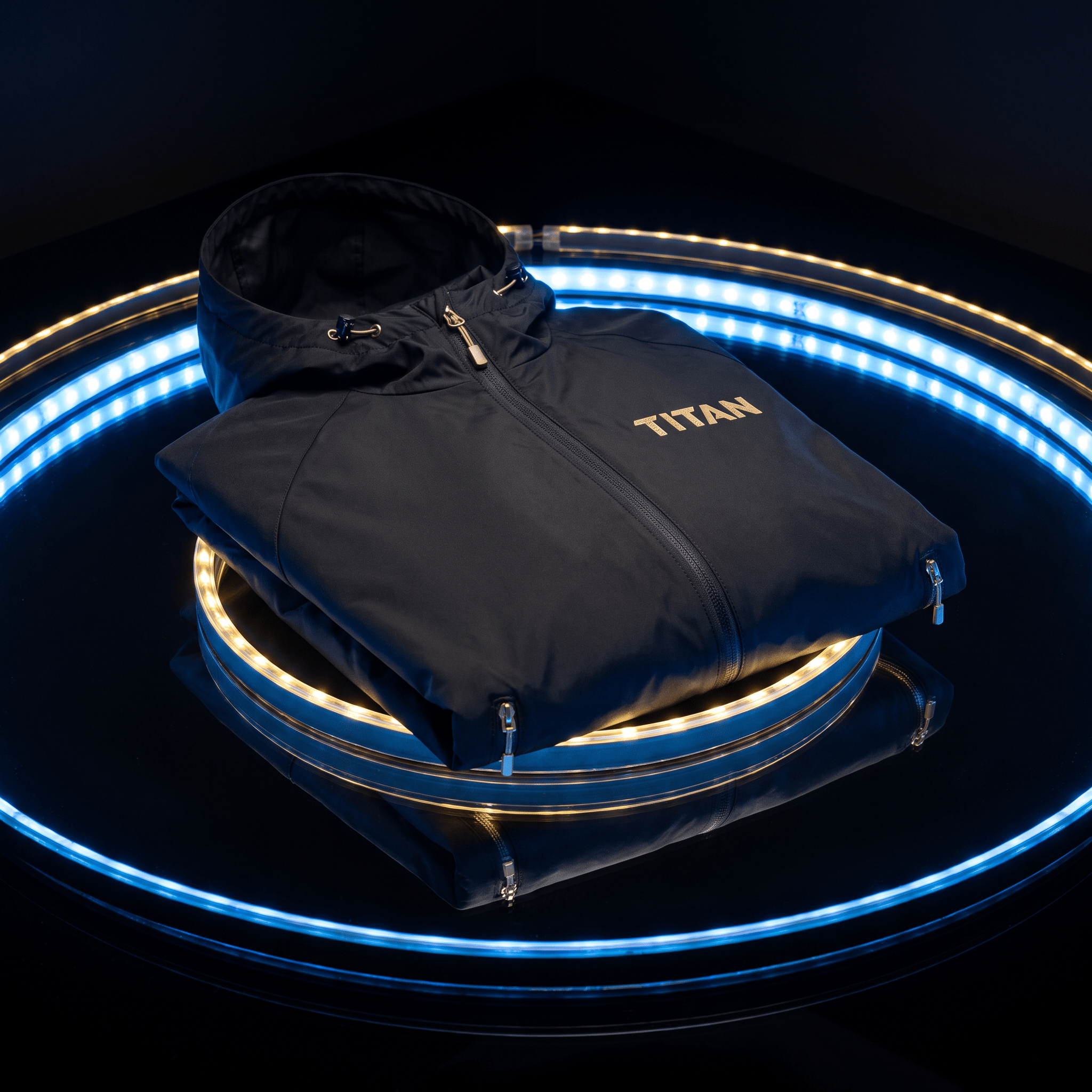Black hooded windbreaker with "TITAN" logo in gold, displayed on a circular platform with glowing blue ring lighting.