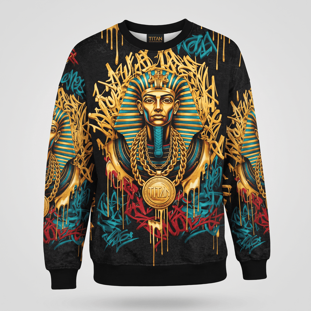 Black crewneck sweatshirt with gold and blue Egyptian pharaoh graphic and colorful graffiti art.