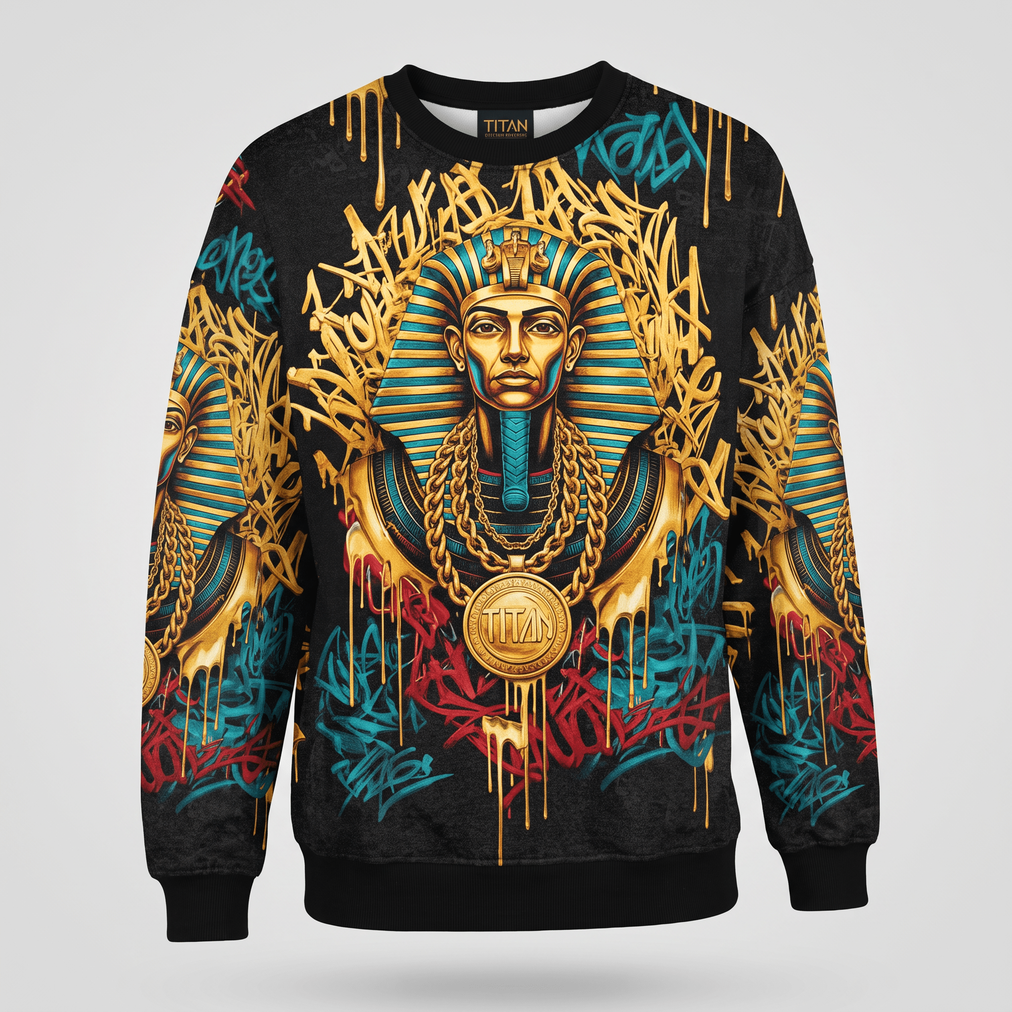 Black crewneck sweatshirt with gold and blue Egyptian pharaoh graphic and colorful graffiti art.