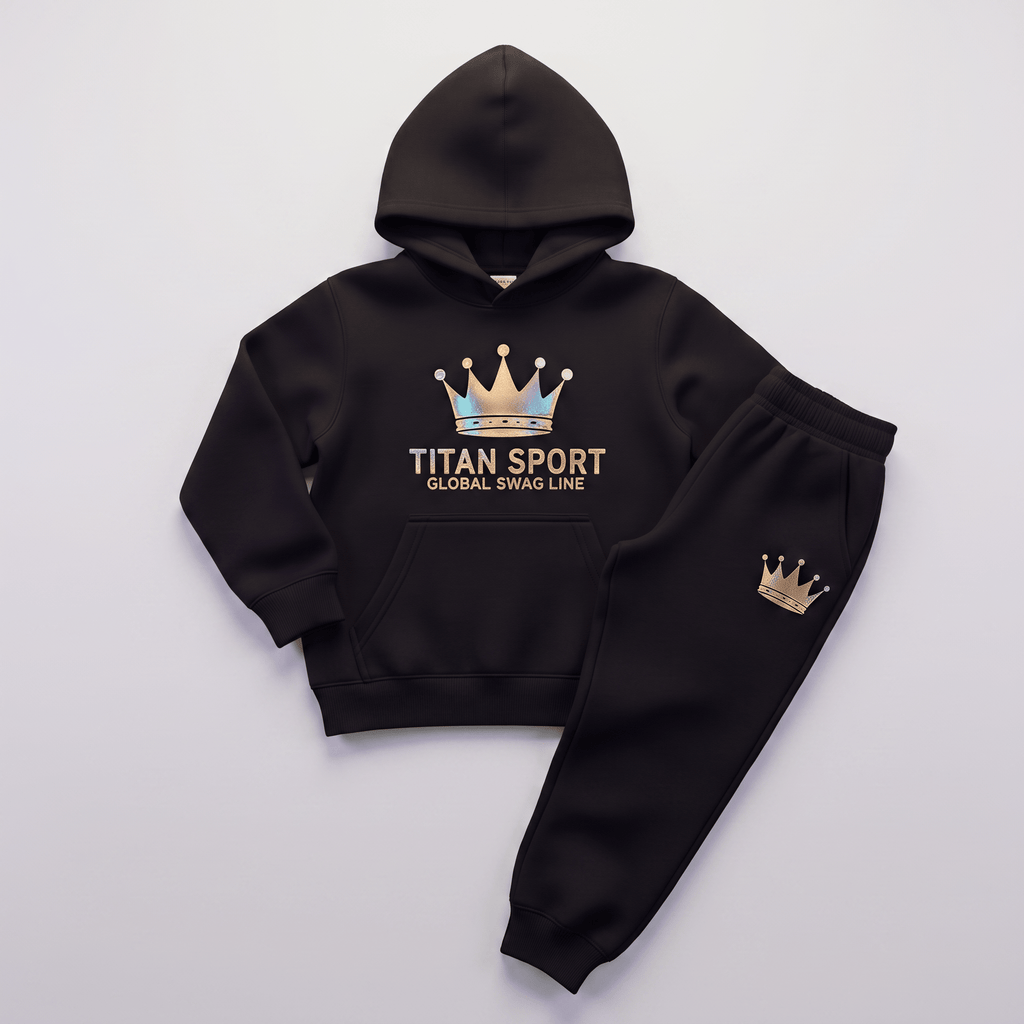 Black hooded sweatshirt and joggers set with gold crown logo and Titan Sport text.