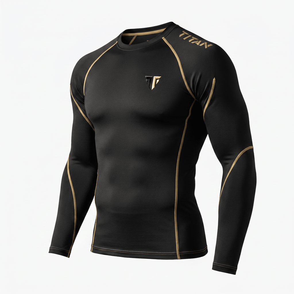 Black long-sleeve compression shirt with gold stitching, Titan branding, and athletic fit.