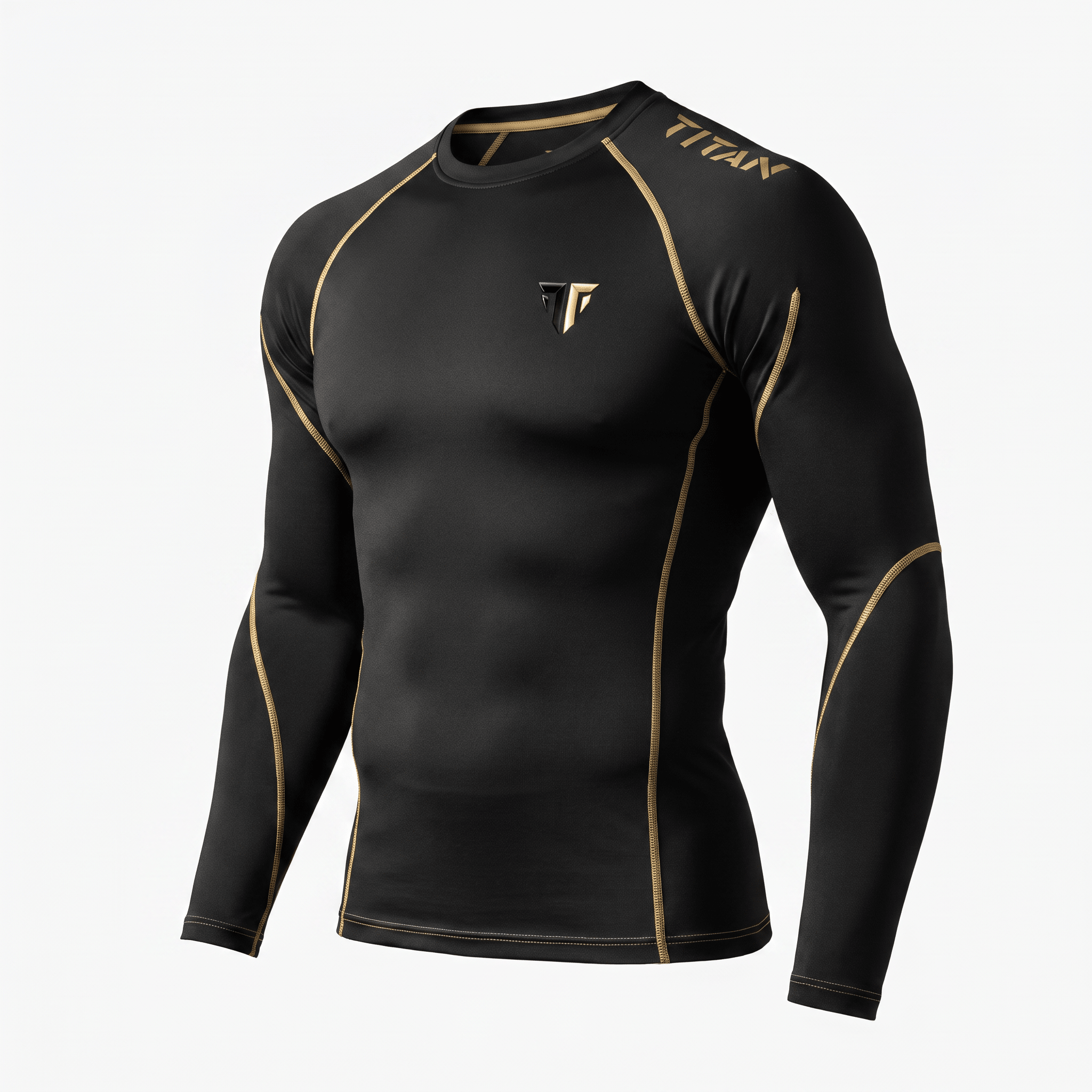 Black long-sleeve rash guard with gold contrast stitching and Titan branding on a white background.