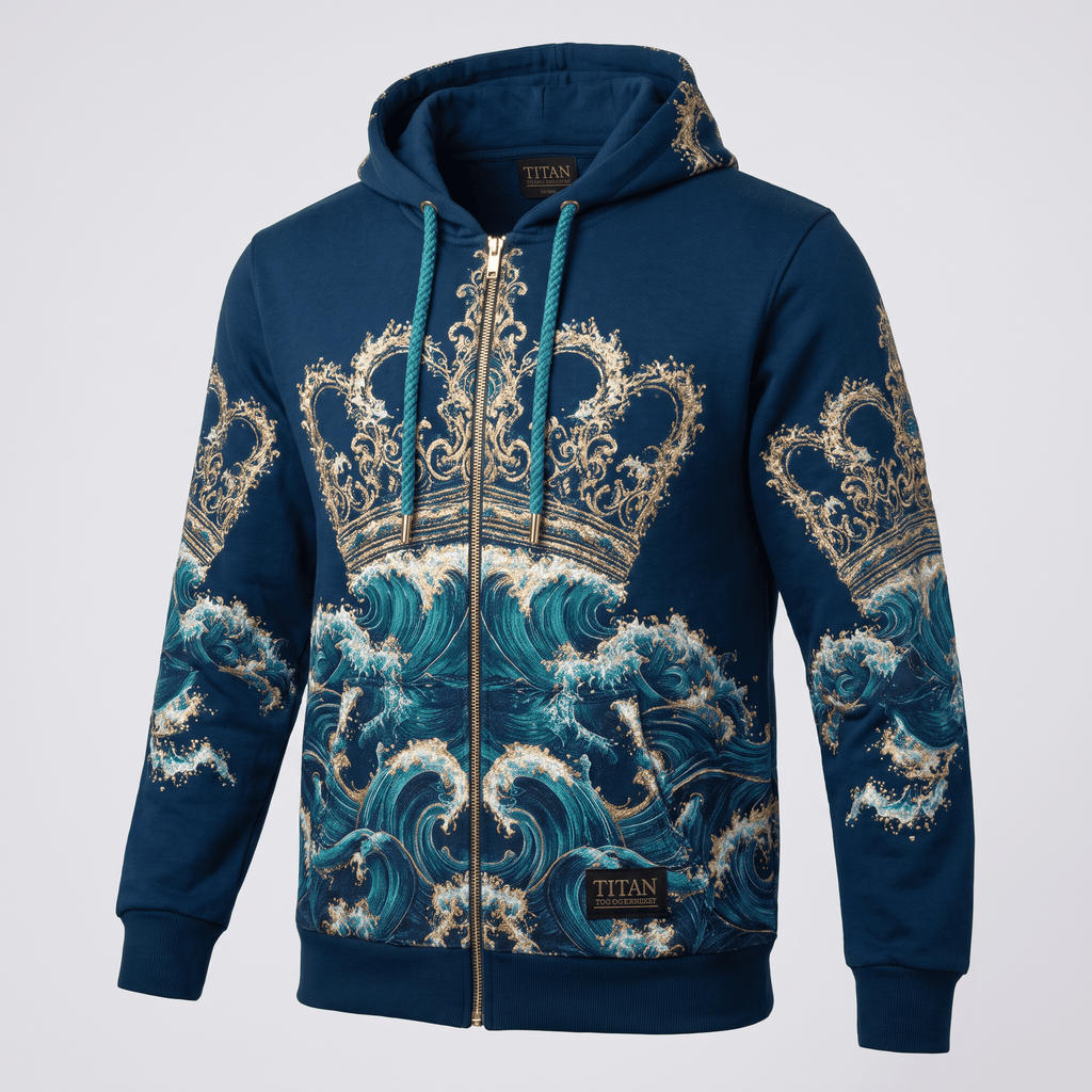 Blue zip-up hoodie featuring an ornate gold crown and teal ocean wave graphic print.