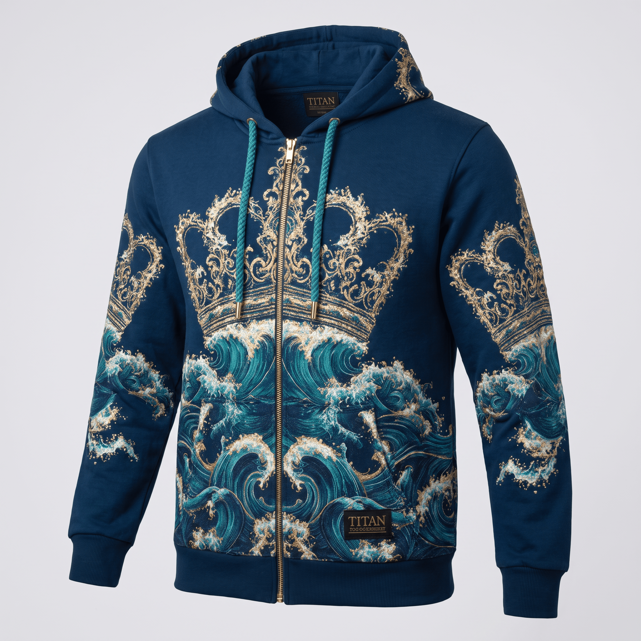 Blue zip-up hoodie featuring an ornate gold crown and teal ocean wave graphic print.