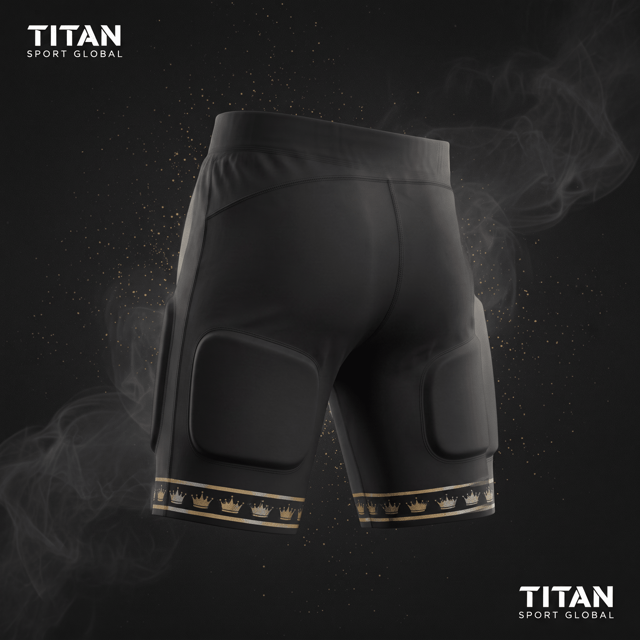 Black padded compression shorts with gold crown trim on thighs by Titan Sport Global.
