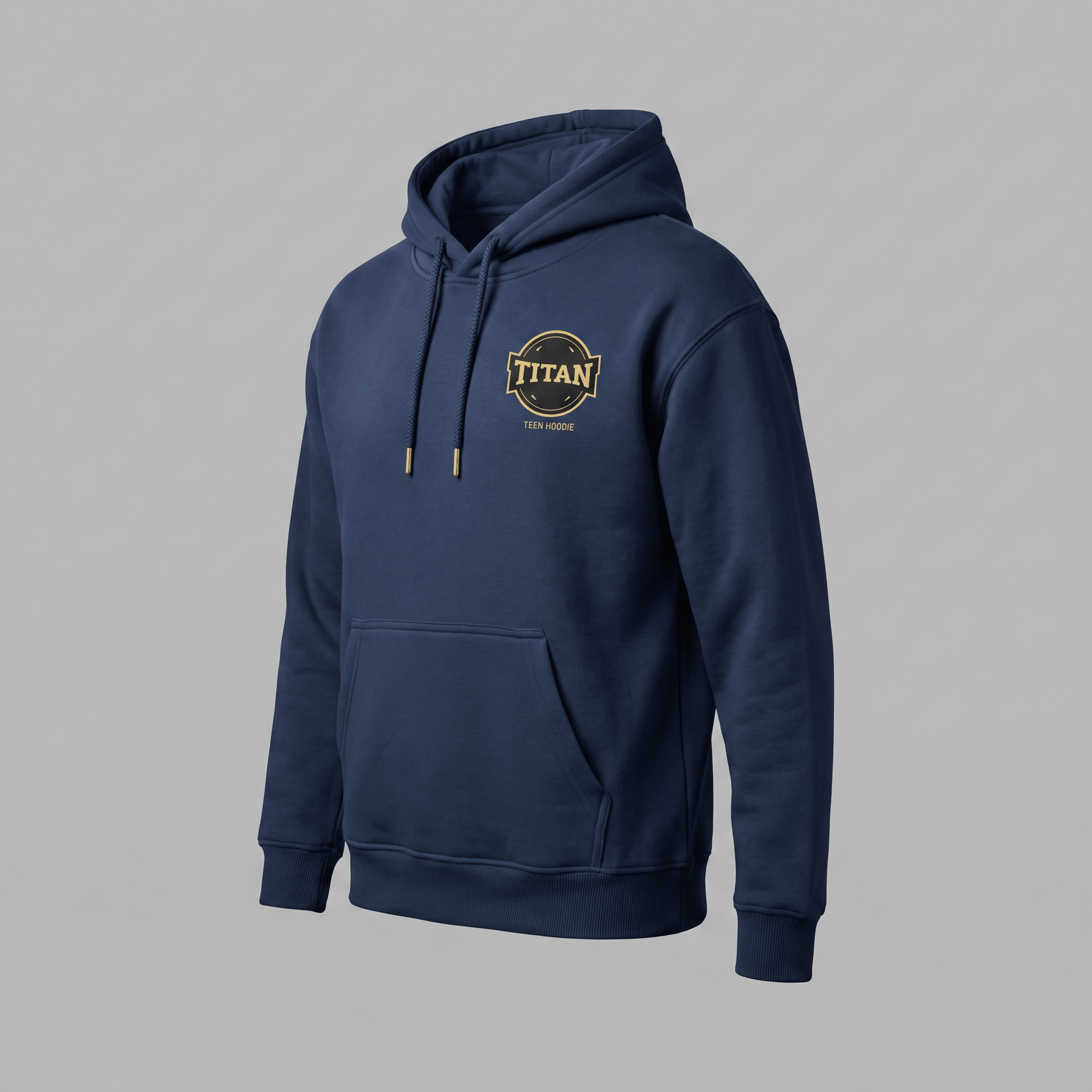 Navy blue pullover hoodie with a gold Titan logo on the chest and a front pouch pocket.