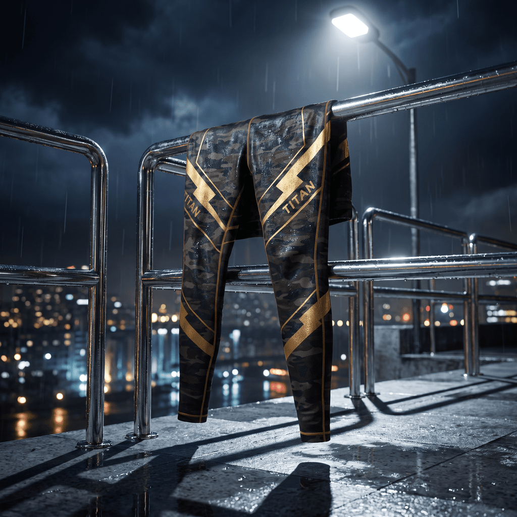 Camo-print athletic leggings with gold "TITAN" branding and stripes, hanging on a wet metal railing at night.