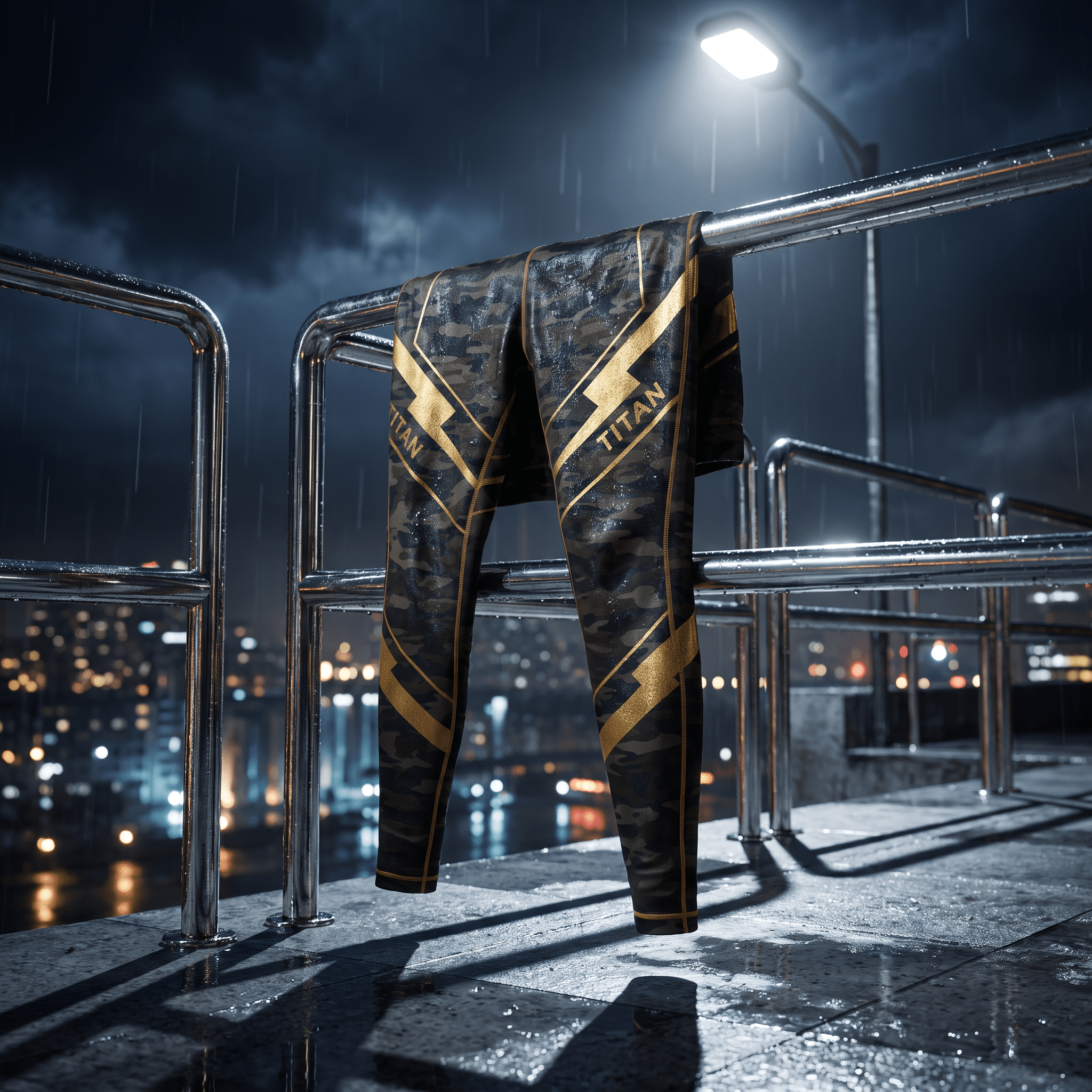 Camo-print athletic leggings with gold "TITAN" branding and stripes, hanging on a wet metal railing at night.