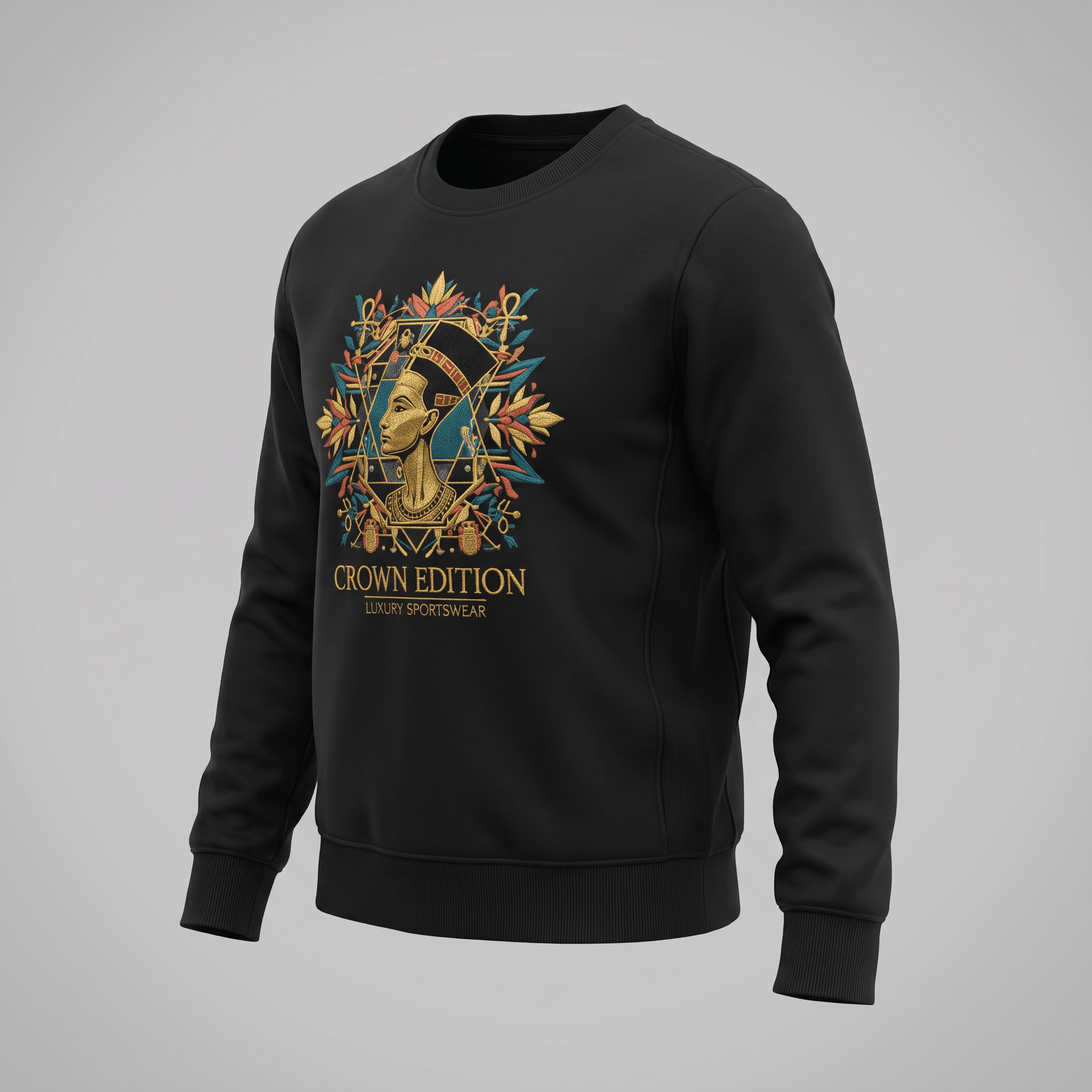 Black crewneck sweatshirt with gold Nefertiti graphic and Crown Edition text.