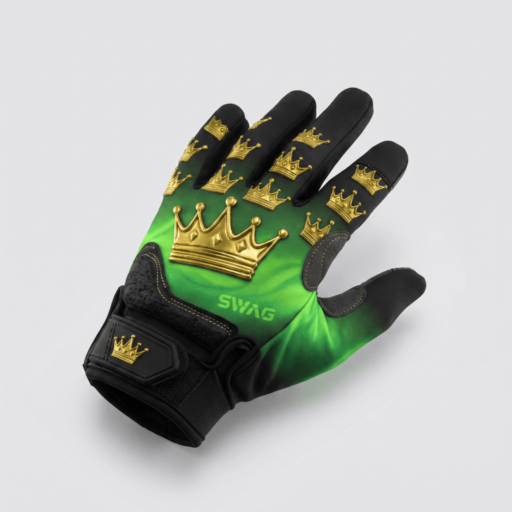 Black and green golf glove with metallic gold crown graphics and Swag branding.