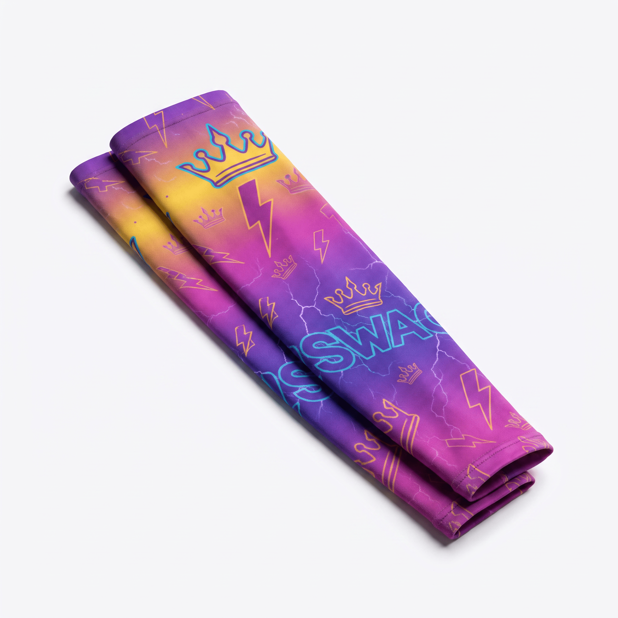 Folded athletic arm sleeves in purple and yellow gradient with crown and lightning bolt graphics.