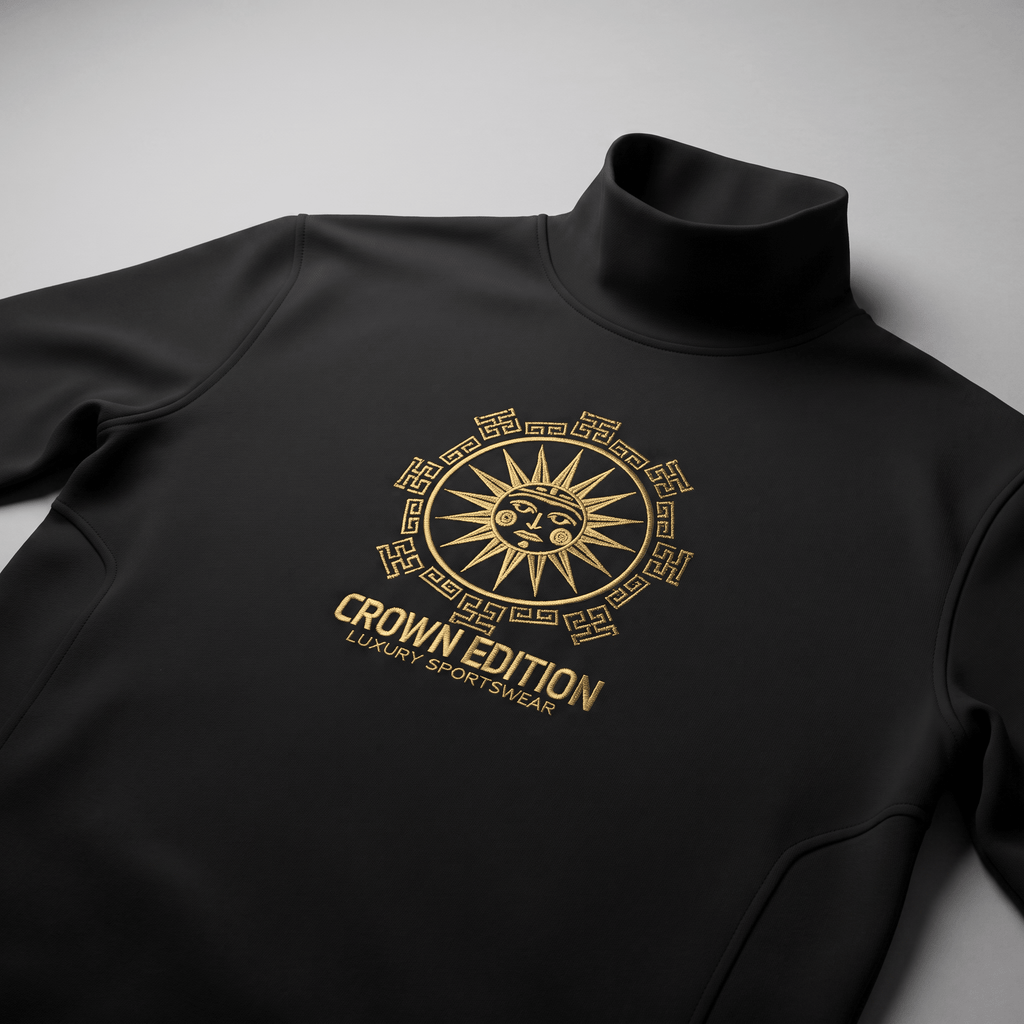 Black mock neck sweatshirt featuring gold embroidered Crown Edition sun logo on the chest.