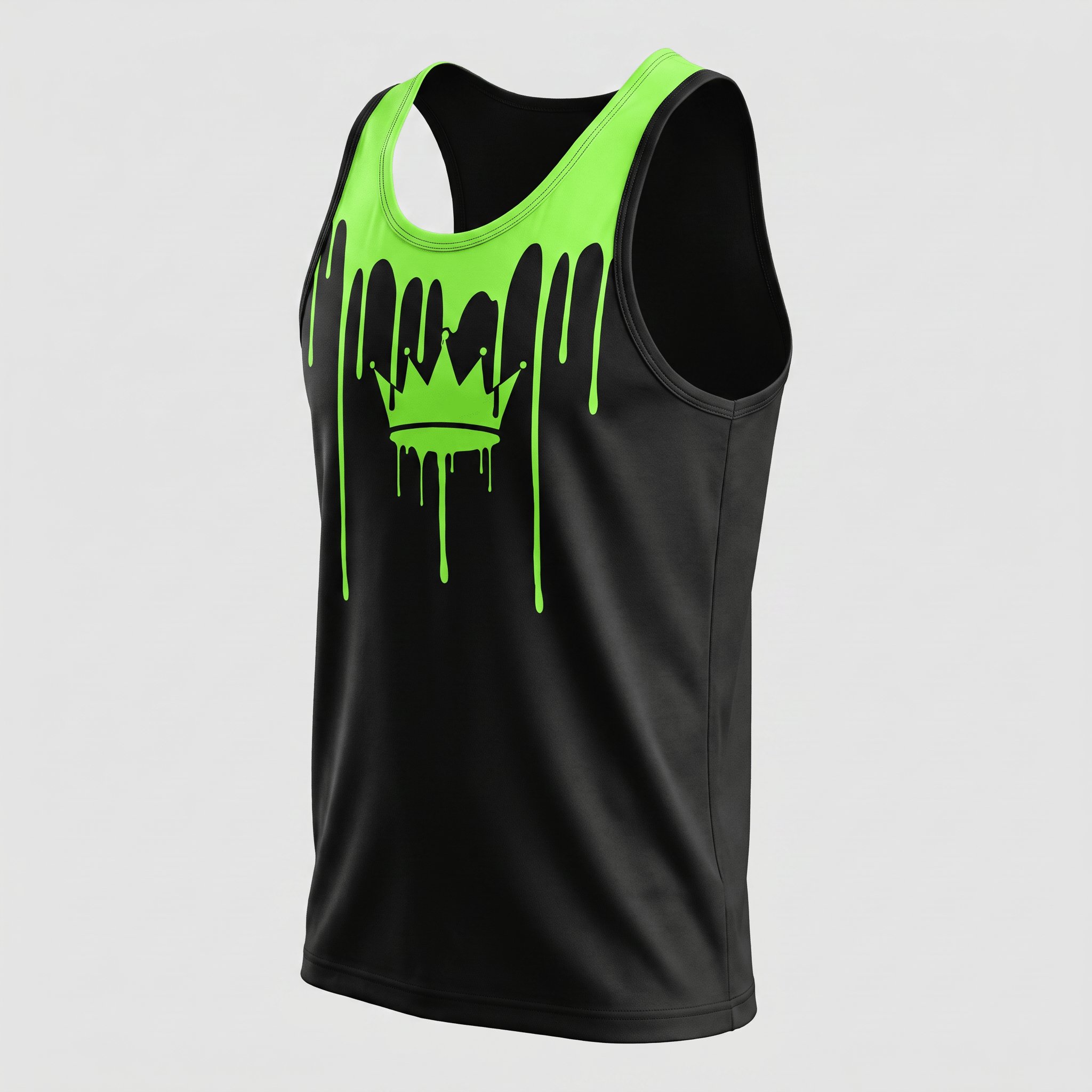 Black tank top with neon green slime drip and crown graphic on the front.
