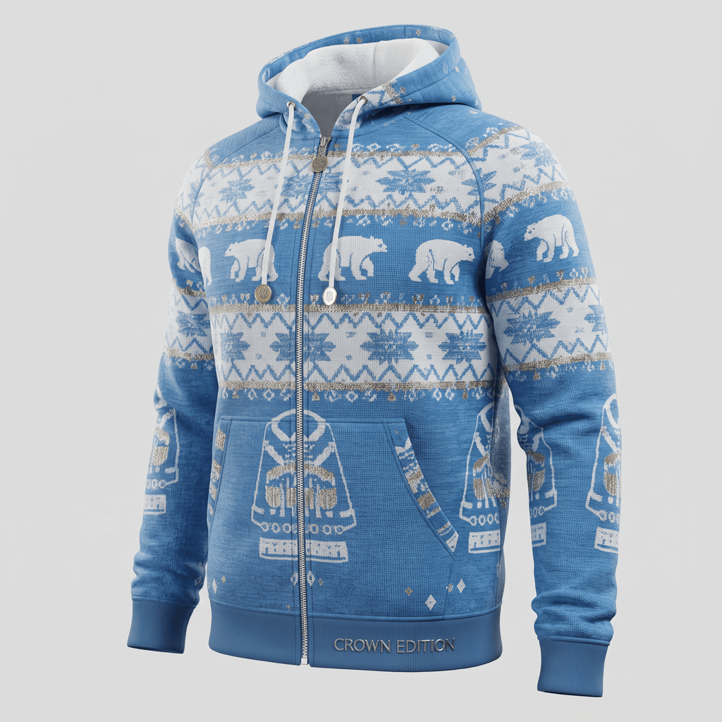 Blue zip-up hoodie featuring a white winter knit pattern with polar bears and snowflakes.