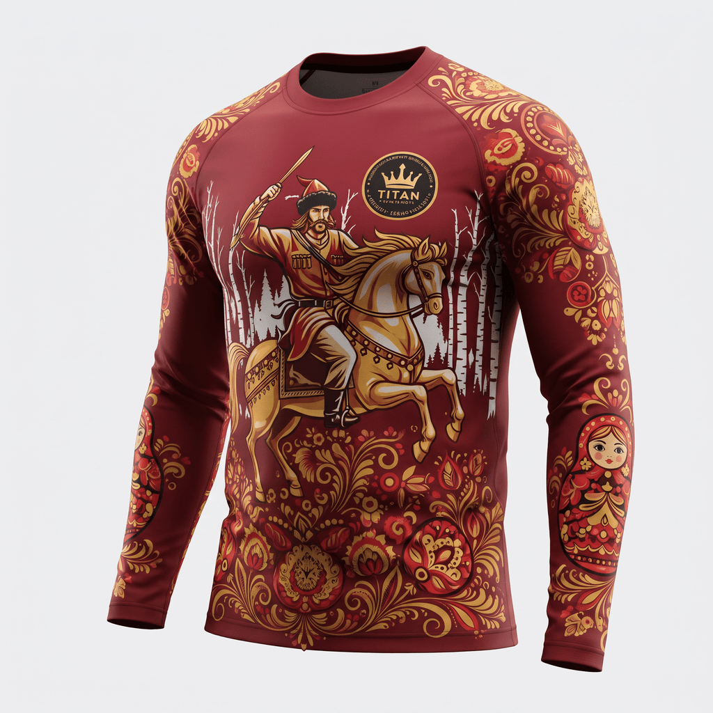 Red long-sleeve rash guard featuring a Cossack on horseback and traditional floral patterns.