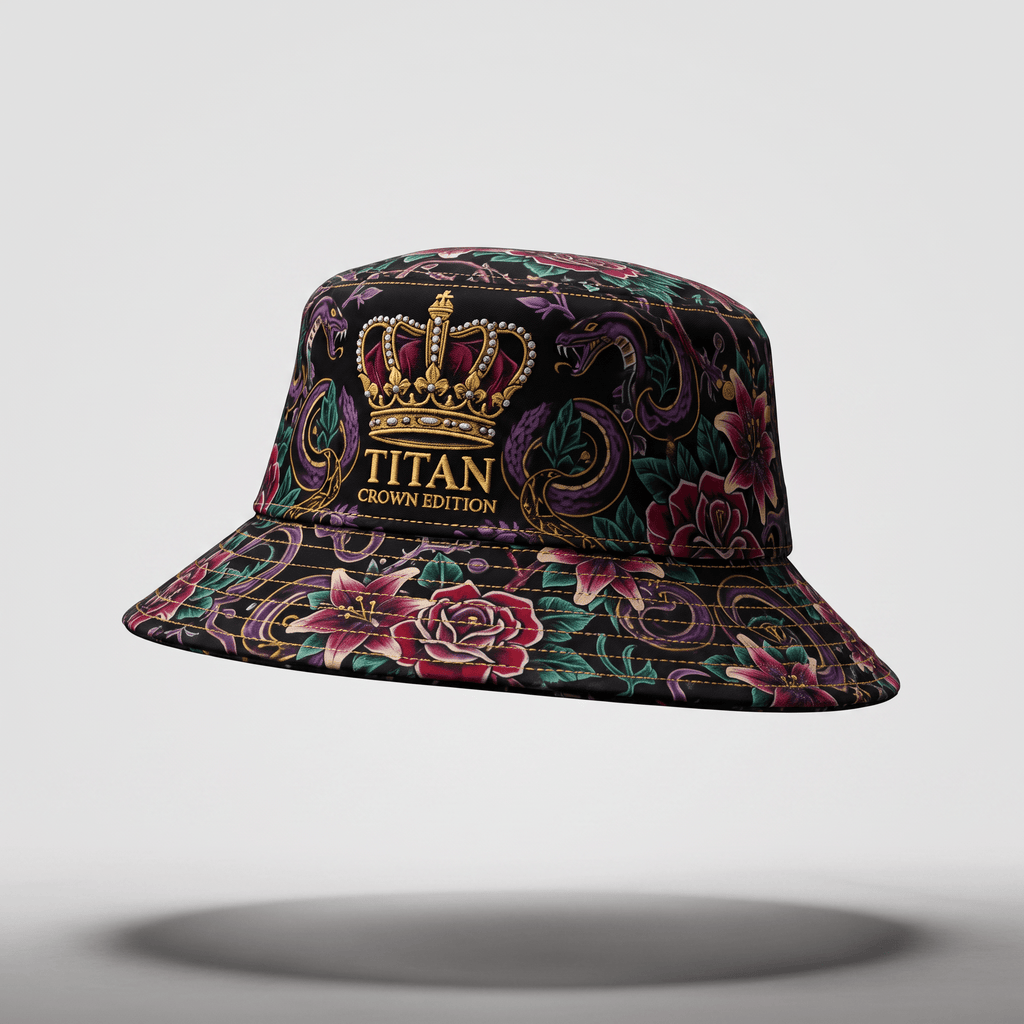 Black bucket hat with colorful floral and snake pattern featuring a gold crown and Titan Crown Edition text.