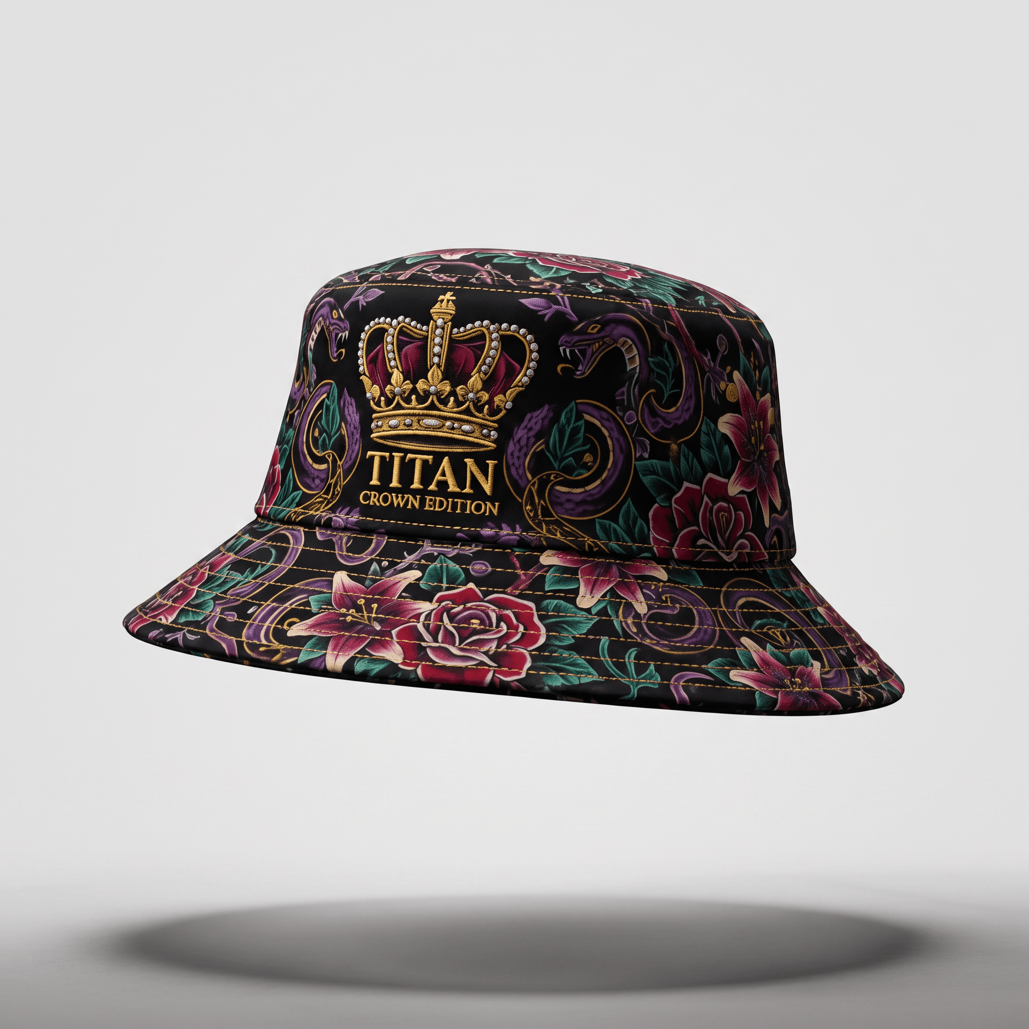 Black bucket hat with colorful floral, snake, and crown Titan Crown Edition graphic pattern.