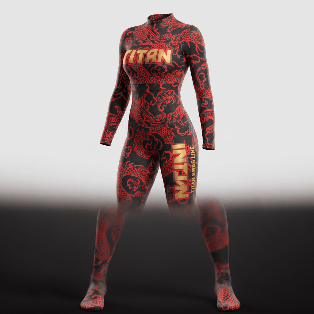 Black and red long-sleeve bodysuit with gold Titan branding and a dragon pattern.