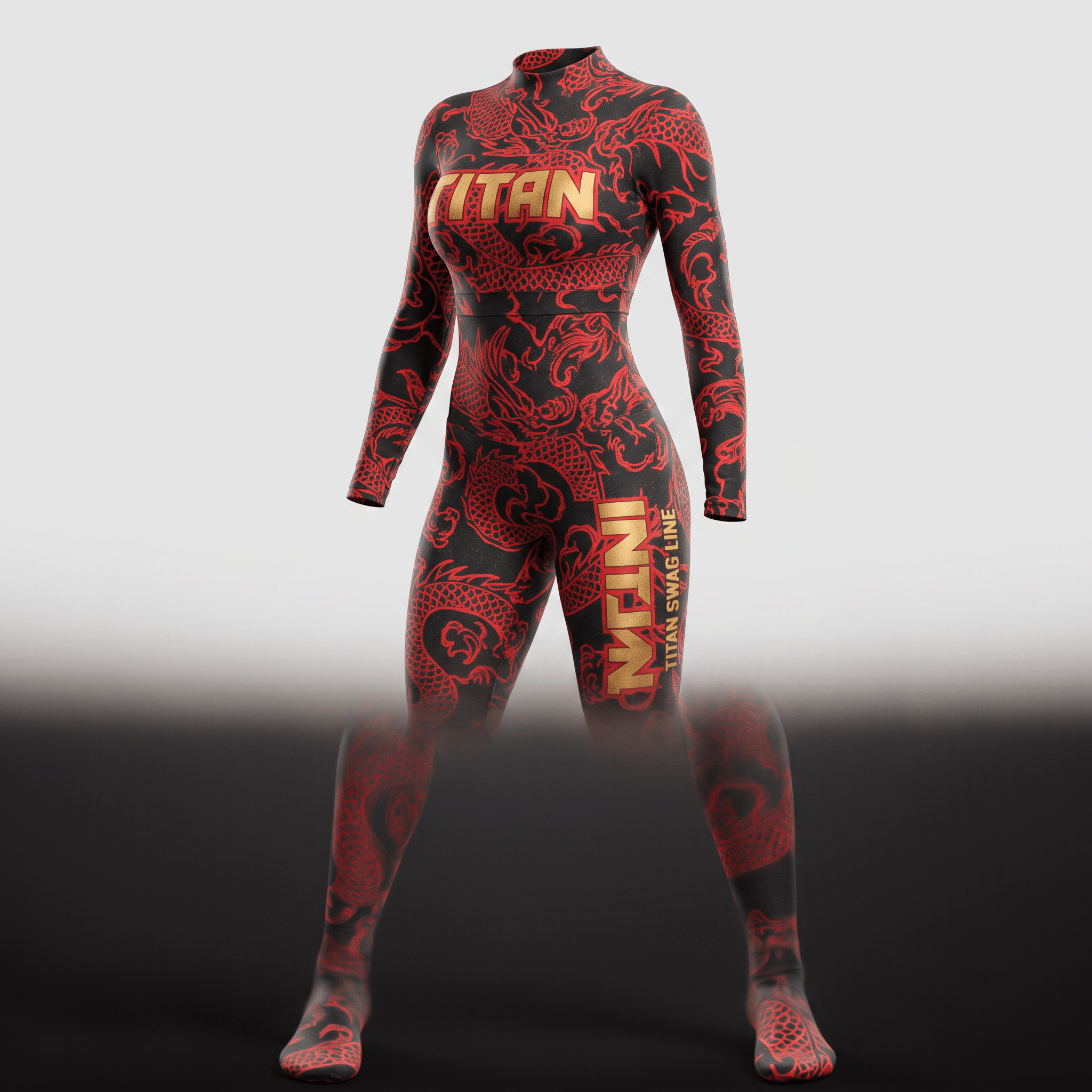Black and red long-sleeve bodysuit with gold Titan branding and a dragon pattern.