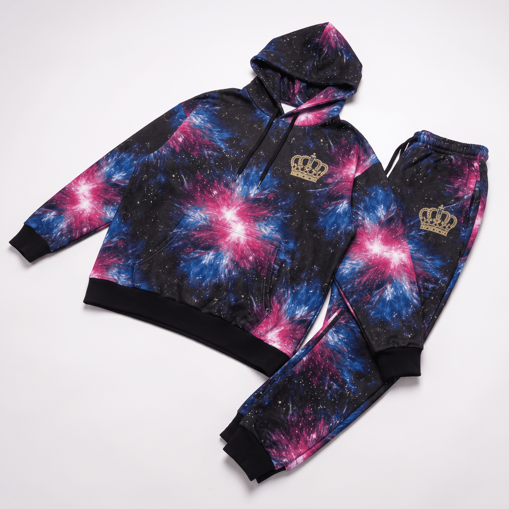 Black hoodie and sweatpants set featuring a vibrant pink and blue galaxy nebula print and gold crown logos.