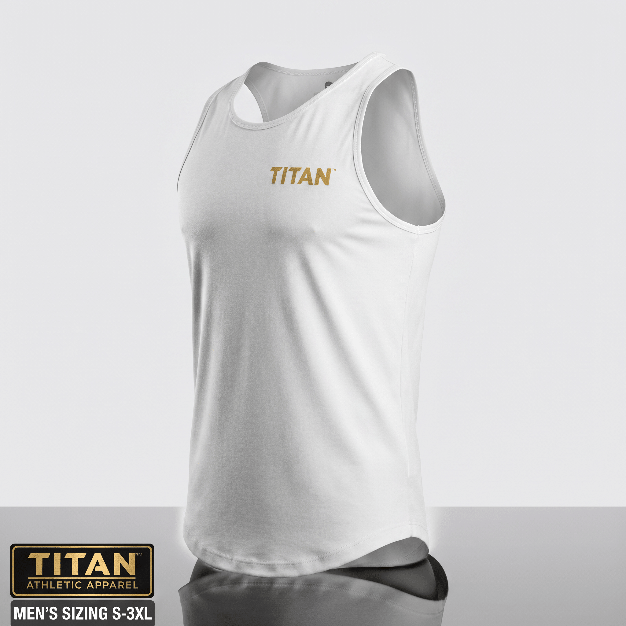 White Titan athletic tank top for men featuring a gold logo on the chest.