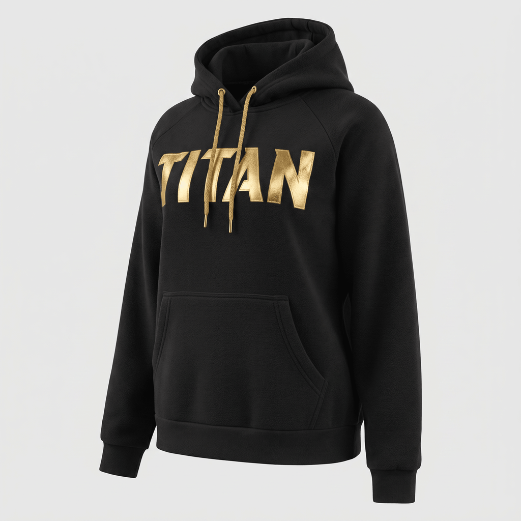 Black hoodie with metallic gold Titan logo, front pocket, and matching gold drawstrings against a light gray background.