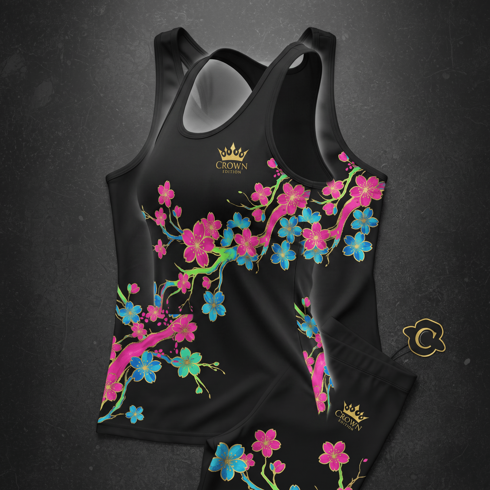 Black athletic tank top with vibrant pink and blue cherry blossom print and gold Crown Edition logo.