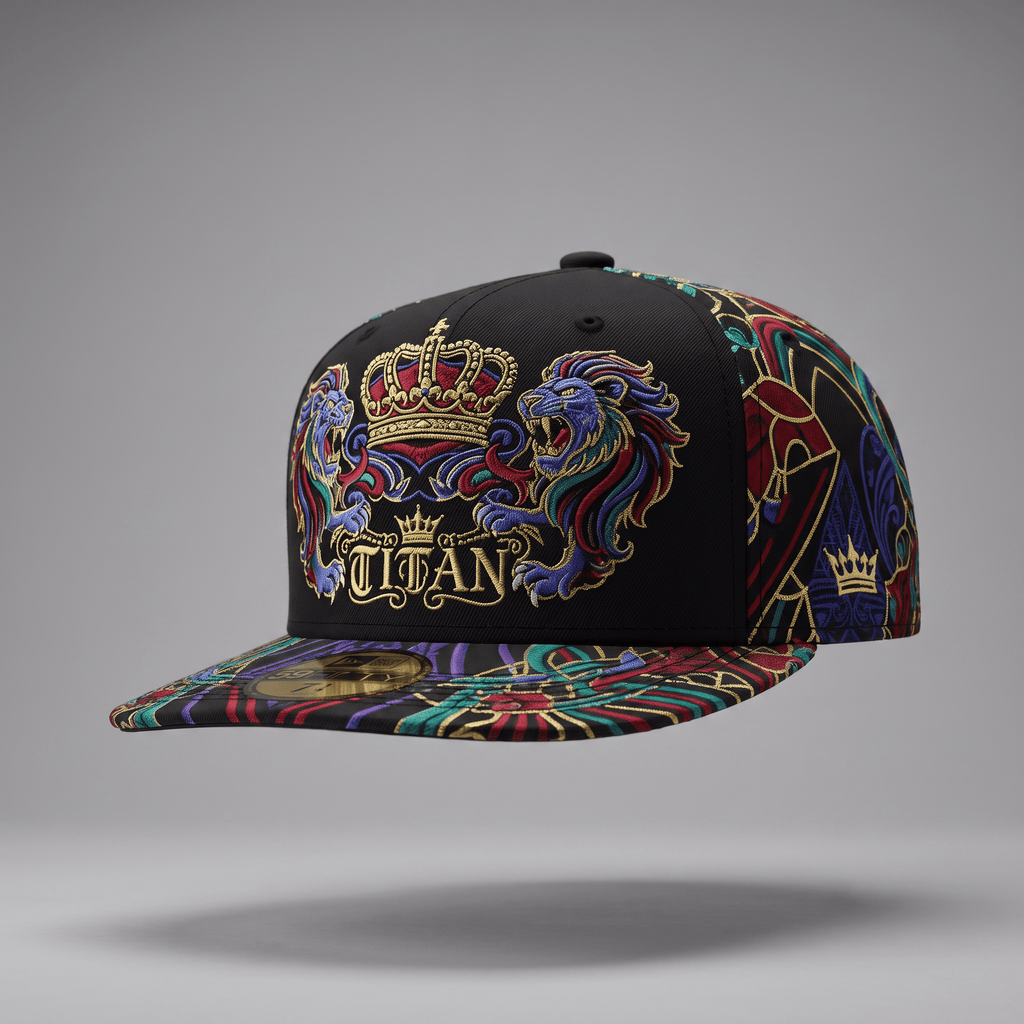 Black fitted cap featuring gold Titan embroidery, a crown, and colorful lion and stained-glass side graphics.