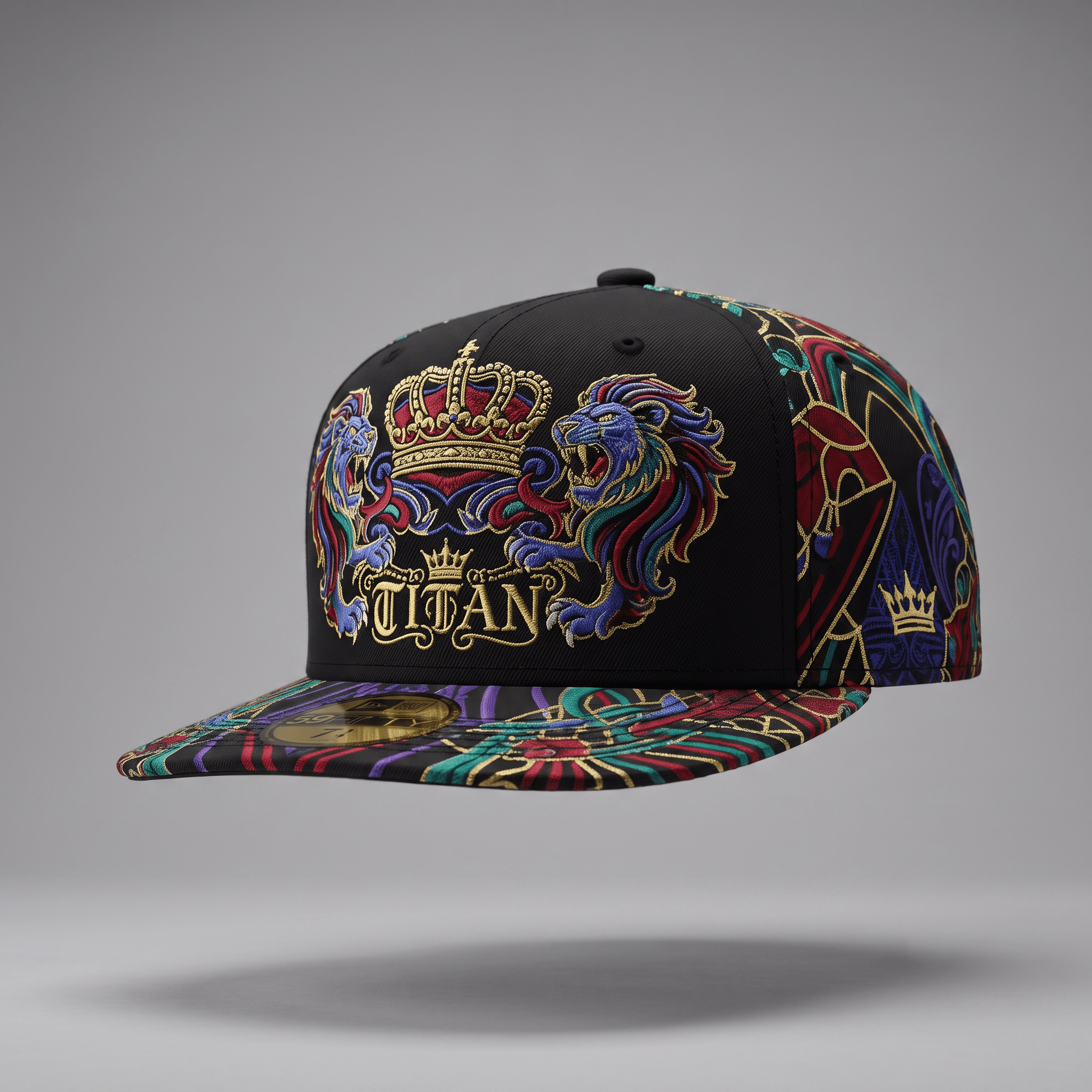 Black fitted cap featuring colorful embroidered lions, crown, and Titan lettering with patterned brim.