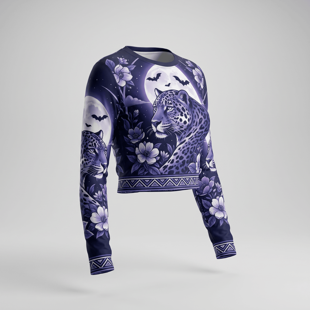 Purple long-sleeve crop top featuring a mystical leopard, floral, and moon night scene print.