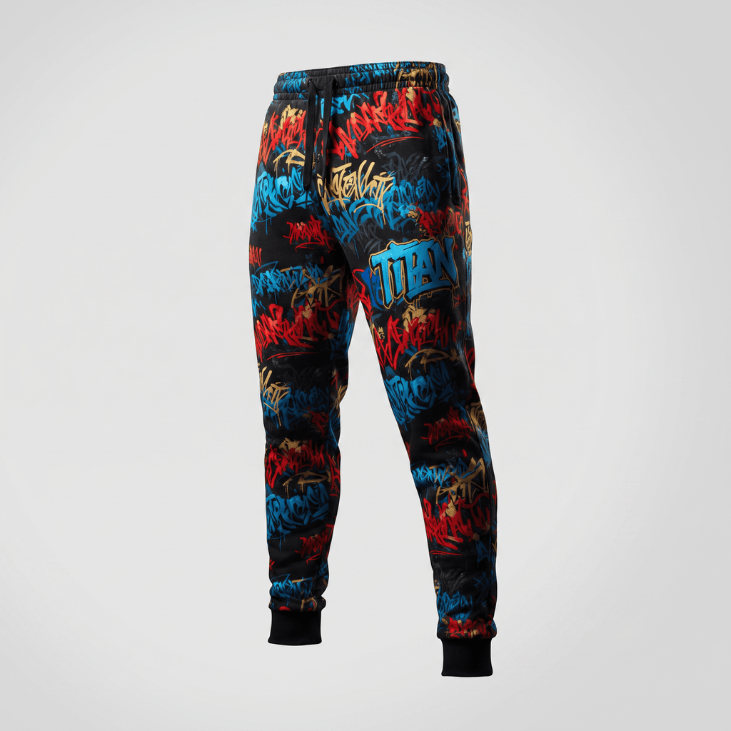 Black sweatpants featuring vibrant red, blue, and gold graffiti print with a drawstring waist and cuffed ankles.