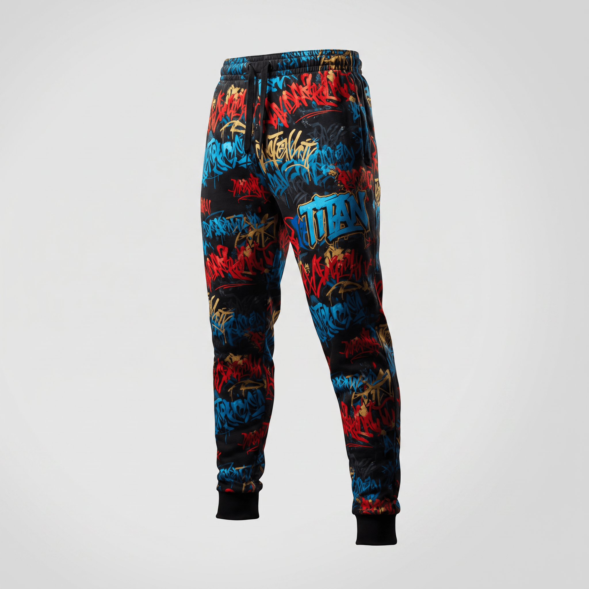 Black sweatpants featuring vibrant red, blue, and gold graffiti print with a drawstring waist and cuffed ankles.