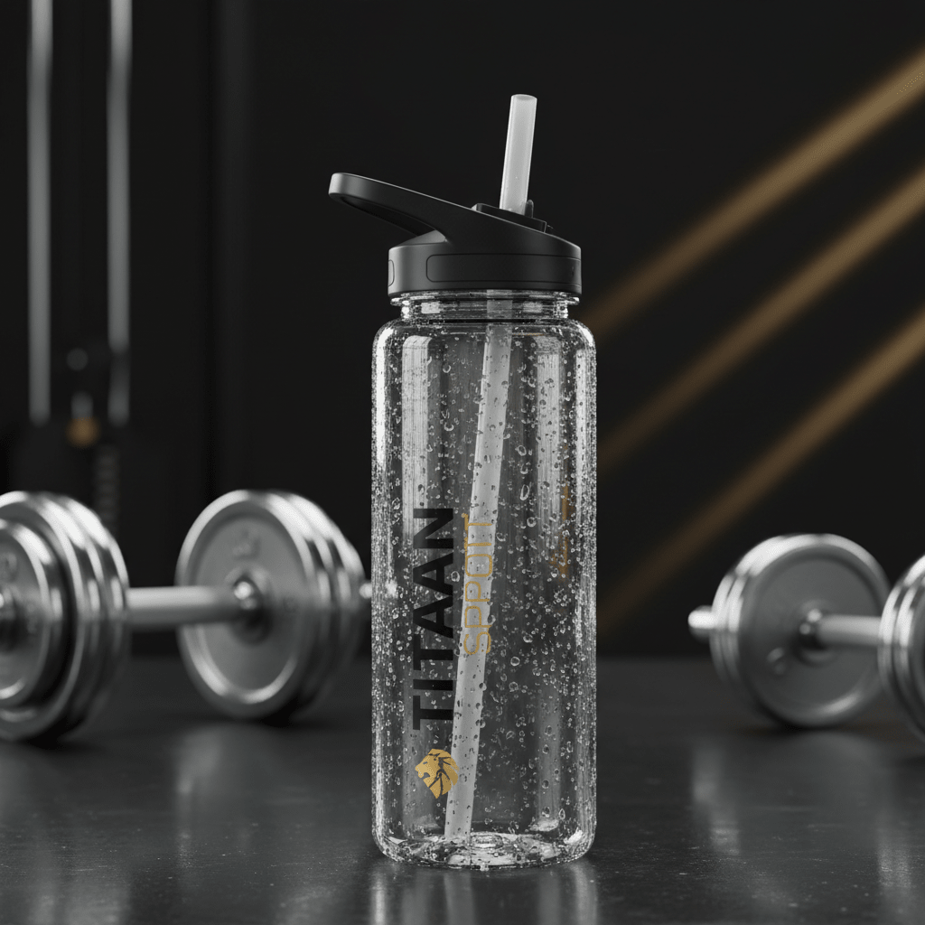 Clear sports water bottle with black lid and straw, featuring Titan Sport logo in black and gold against a gym backdrop.