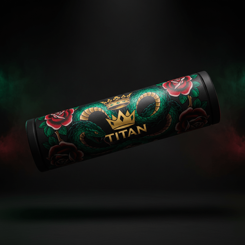 TITAN 36-inch foam roller featuring a black base with a green snake, gold crown logo, and red rose tattoo art design.