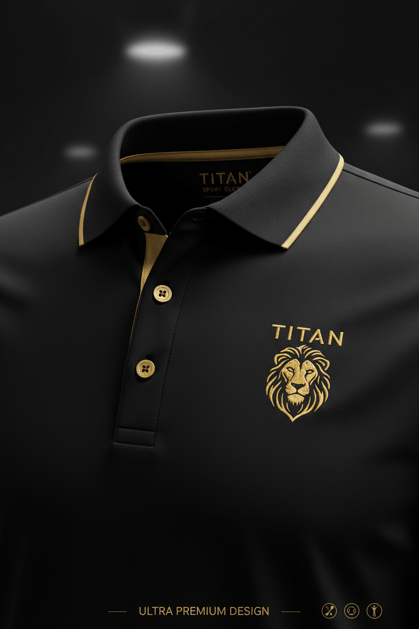 Black athletic polo shirt with gold trim, gold buttons, and an embroidered gold lion logo and TITAN text.