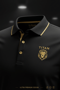 Black athletic polo shirt with gold trim, gold buttons, and an embroidered gold lion logo and TITAN text.