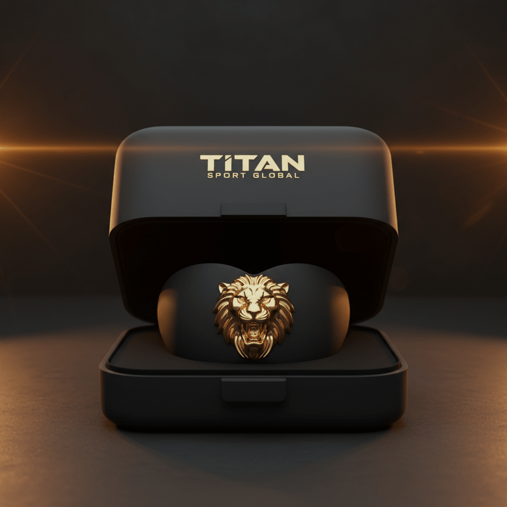 Black Titan Sport Global mouthguard with a gold lion emblem, displayed in a matte black premium carry case.