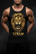 Black muscle-cut tank top featuring a roaring gold lion with glowing red eyes and "TITAN SPORT GLOBAL" logo.