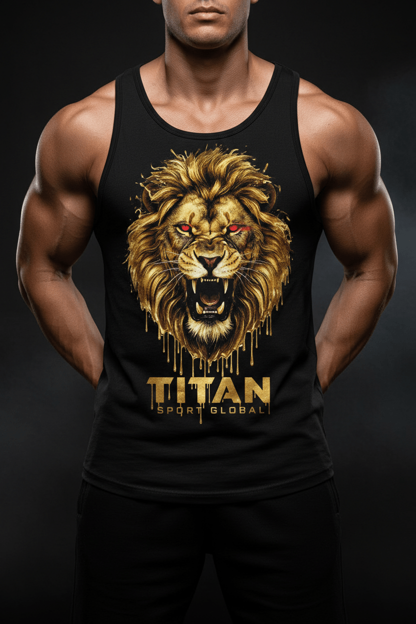 Black muscle-cut tank top featuring a roaring gold lion with glowing red eyes and "TITAN SPORT GLOBAL" logo.
