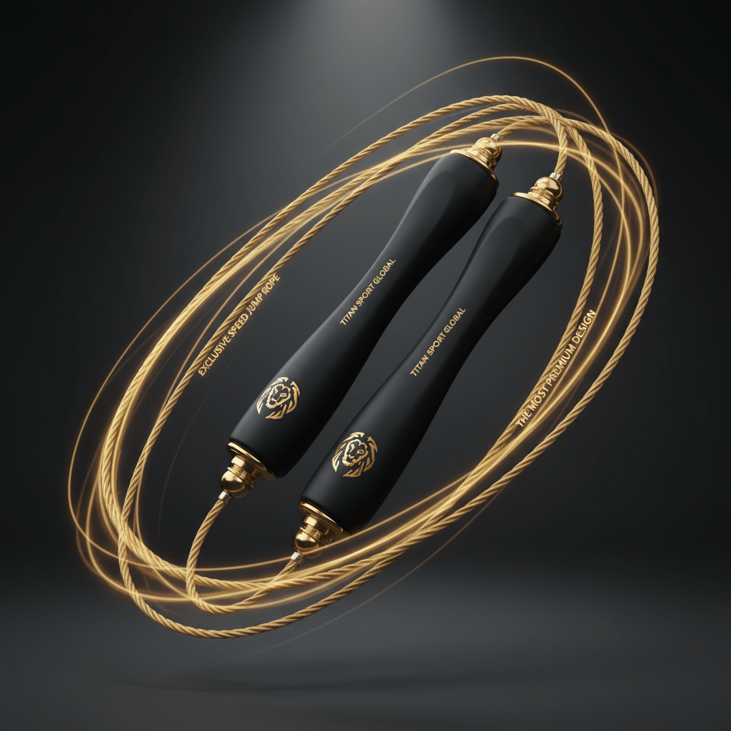 Titan Gold Lion speed jump rope with matte black handles, gold lion branding, and a shimmering gold wire cable.