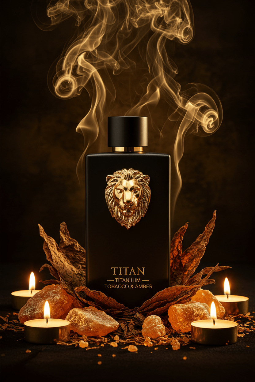 Titan Him black perfume bottle with gold lion emblem, surrounded by tobacco leaves, amber stones, and glowing candles.