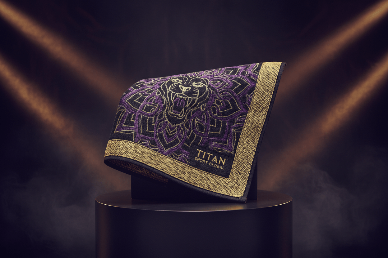 TITAN gold and purple microfiber gym towel featuring an intricate roaring lion mandala design and logo on a pedestal.