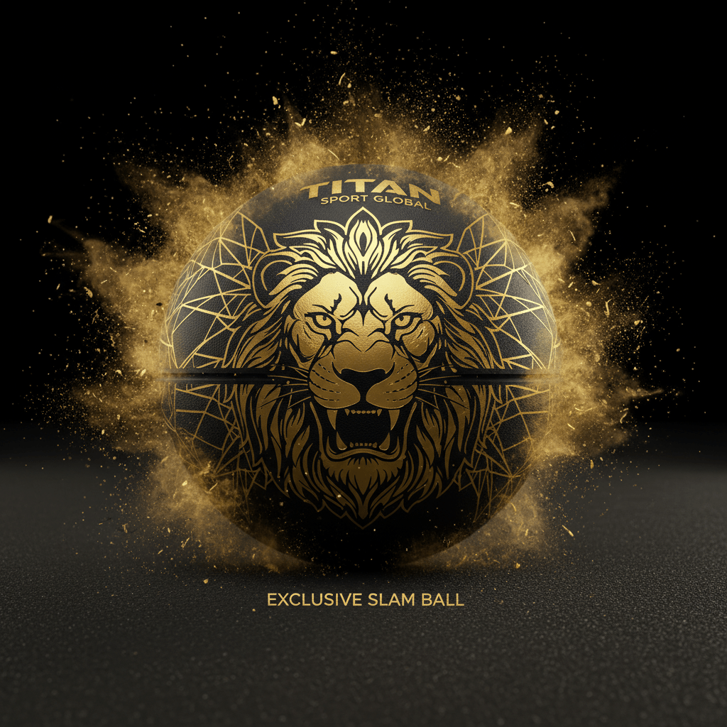 Black medicine slam ball with gold lion face graphic and geometric lines, surrounded by a golden dust explosion.