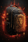 Black Titan gym backpack with gold hardware, lion phoenix graphic, and dramatic fire and spark effects background.