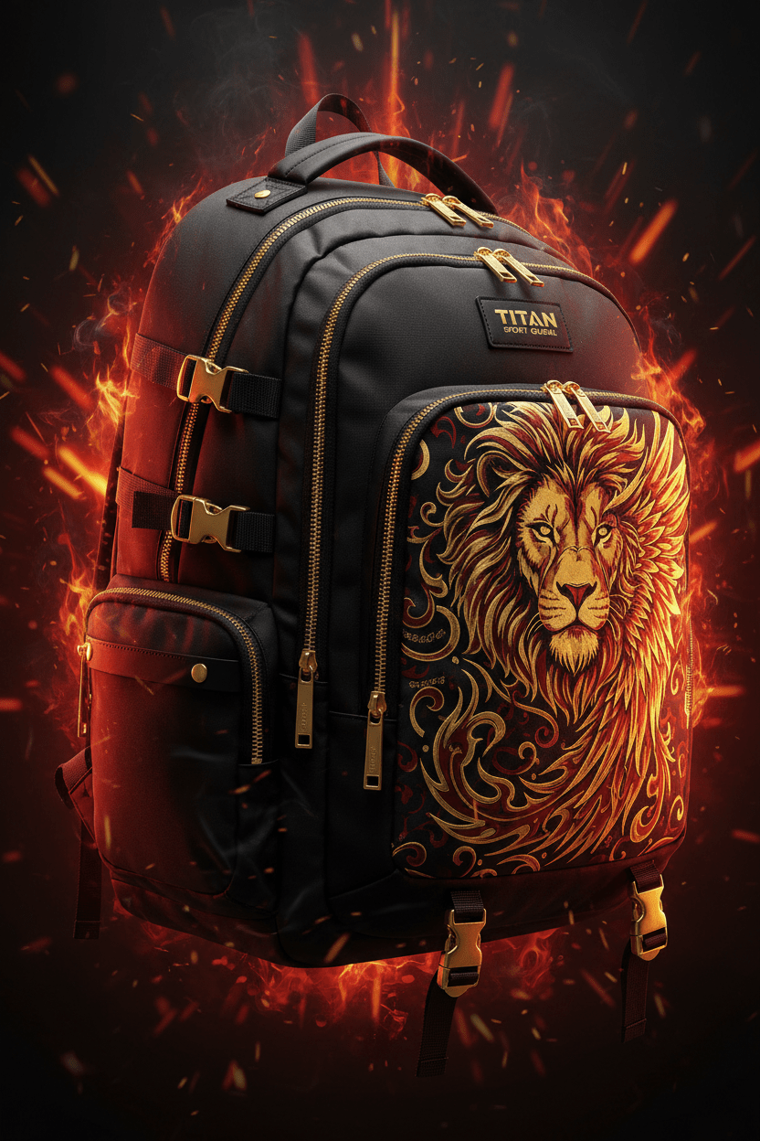 Black Titan gym backpack with gold hardware, lion phoenix graphic, and dramatic fire and spark effects background.